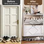 Skyhill Shoe Cabinet with 2 Flip Drawers,Farmhouse Shoe Organizer for Entryway,White