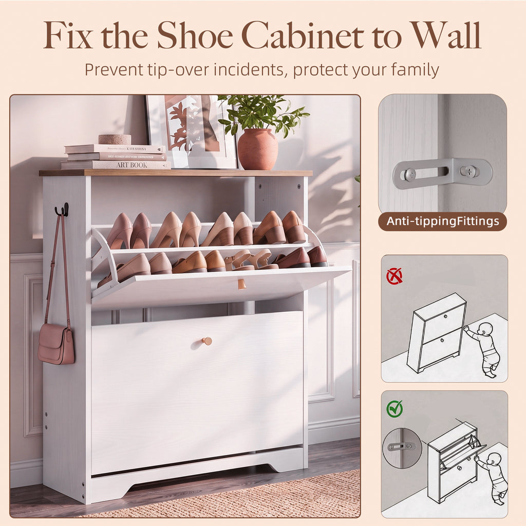 Skyhill Shoe Cabinet with 2 Flip Drawers,Freestanding Shoe Storage Organizer,White & Walnut 2-Tone Narrow Shoe Rack for Entryway,White