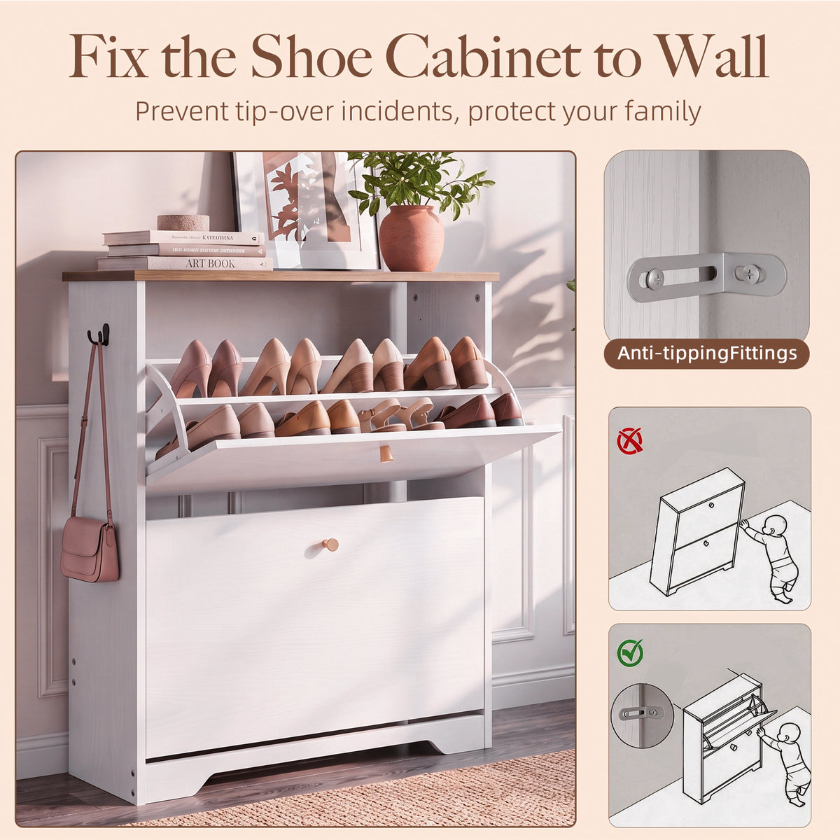 Skyhill Shoe Cabinet with 2 Flip Drawers,Freestanding Shoe Storage Organizer,White & Walnut 2-Tone Narrow Shoe Rack for Entryway,White