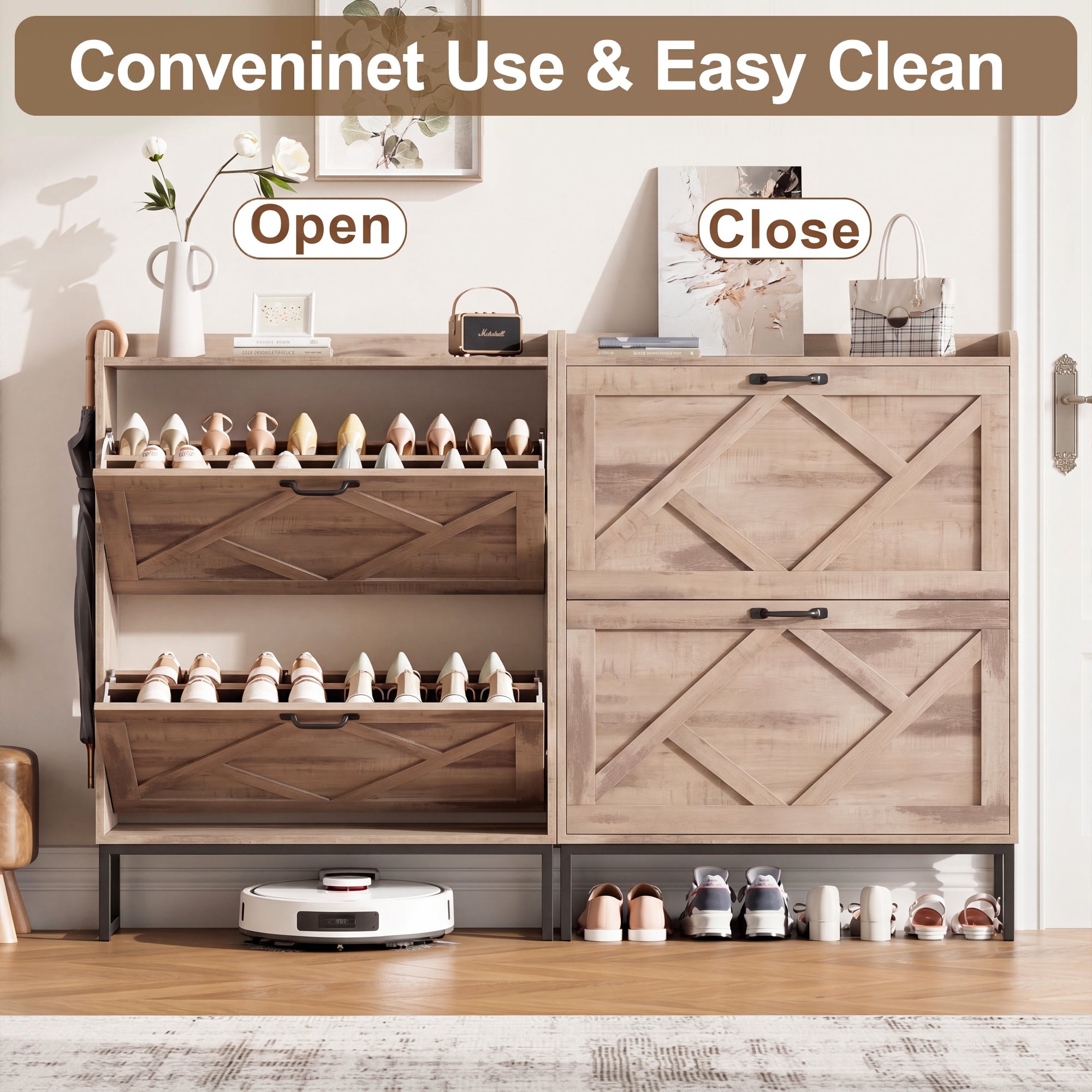 Skyhill Shoe Cabinet with 2 Flip Drawers,Farmhouse Shoe Organizer for Entryway,Oak