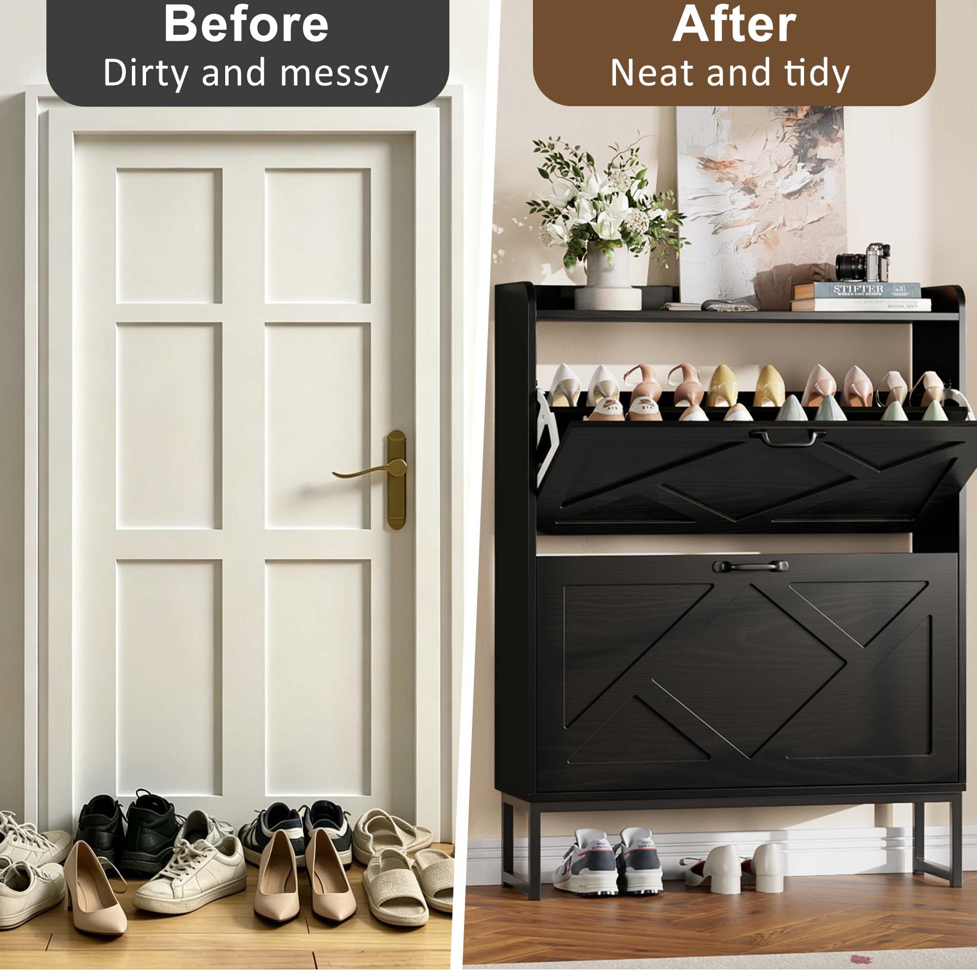 Skyhill Shoe Cabinet with 2 Flip Drawers,Farmhouse Shoe Organizer for Entryway,Black