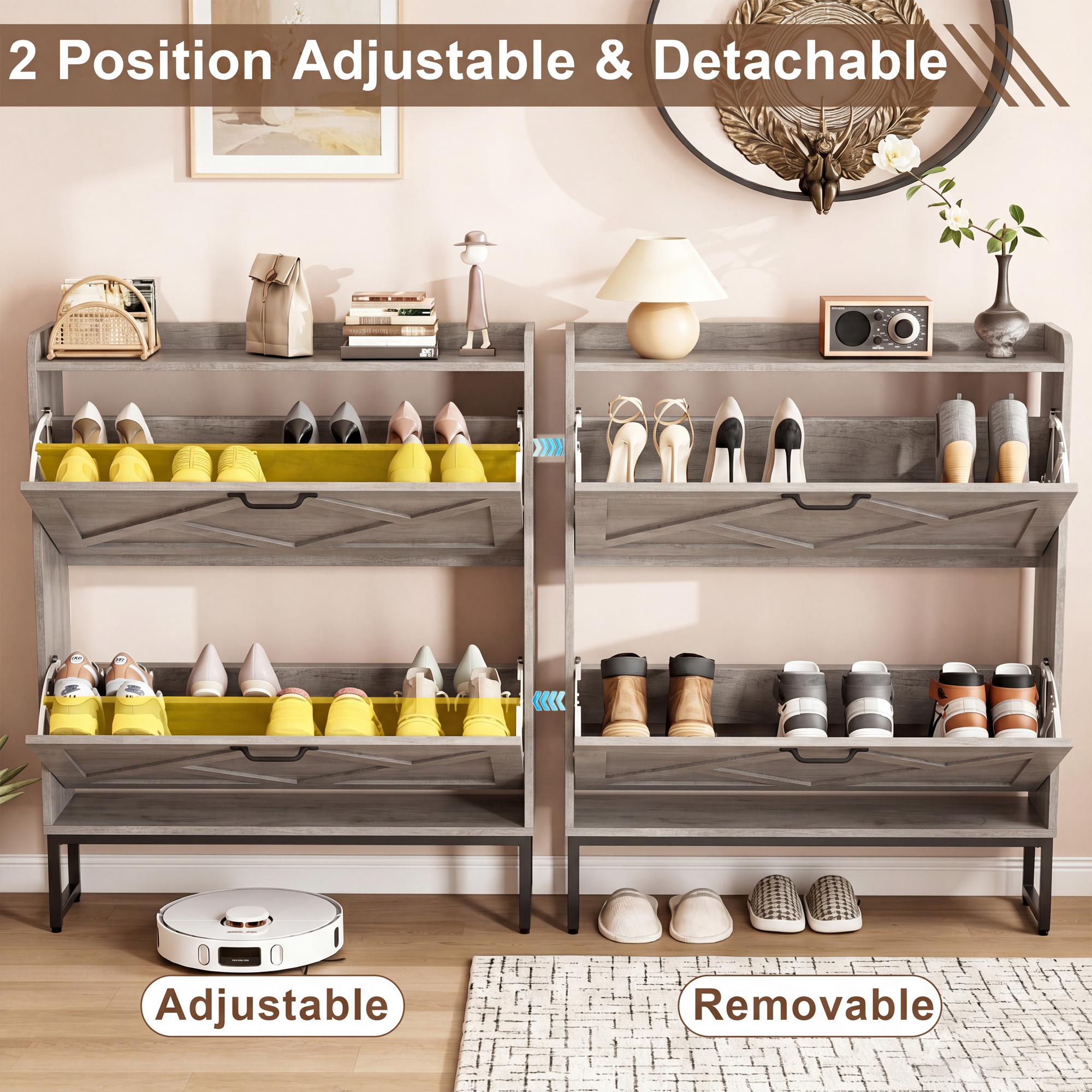 Skyhill Shoe Cabinet with 2 Flip Drawers,Farmhouse Shoe Organizer for Entryway,Gray