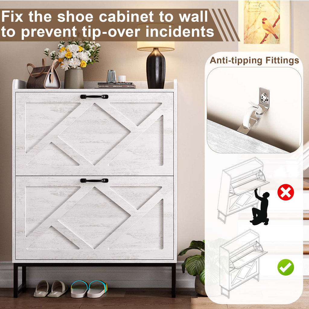 Skyhill Shoe Cabinet with 2 Flip Drawers,Farmhouse Shoe Organizer for Entryway,White