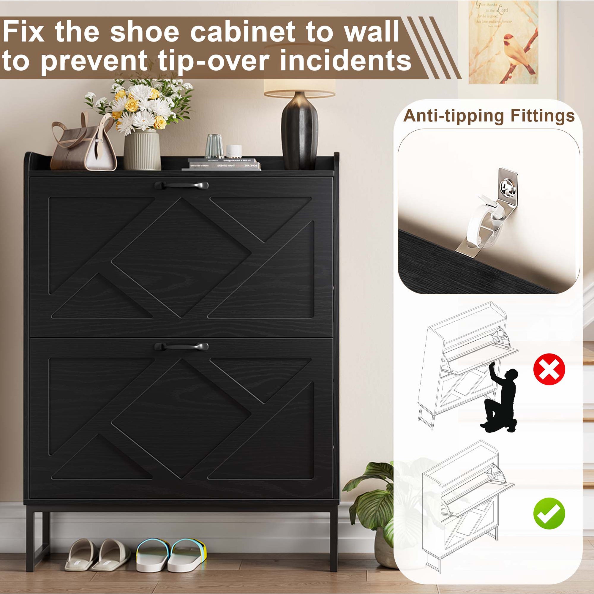 Skyhill Shoe Cabinet with 2 Flip Drawers,Farmhouse Shoe Organizer for Entryway,Black