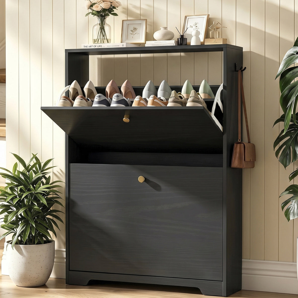Skyhill Shoe Cabinet with 2 Flip Drawers,Modern Shoe Organizer for Entryway,Black