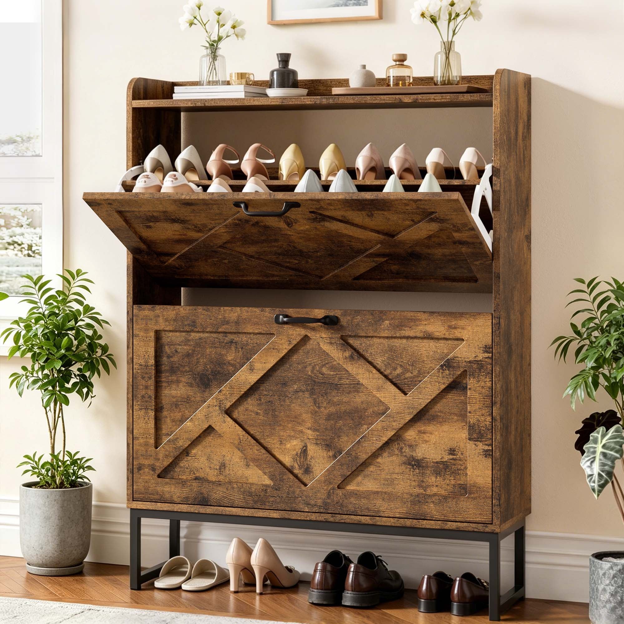 Skyhill Shoe Cabinet with 2 Flip Drawers,Farmhouse Shoe Organizer for Entryway