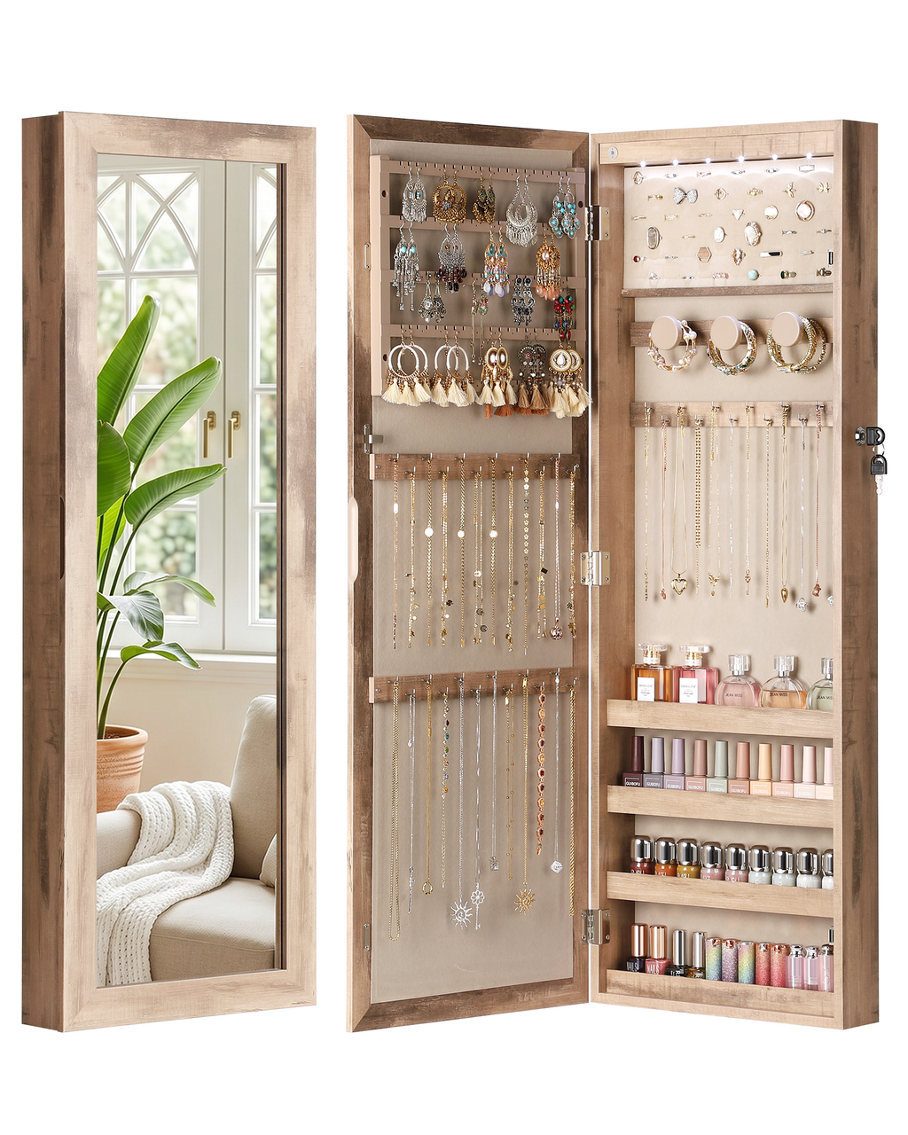 Skyhill Mirror Jewelry Cabinet, 40in Jewelry Armoire Organizer, Door or Wall Mounted, 6 LED Lights（Oak）