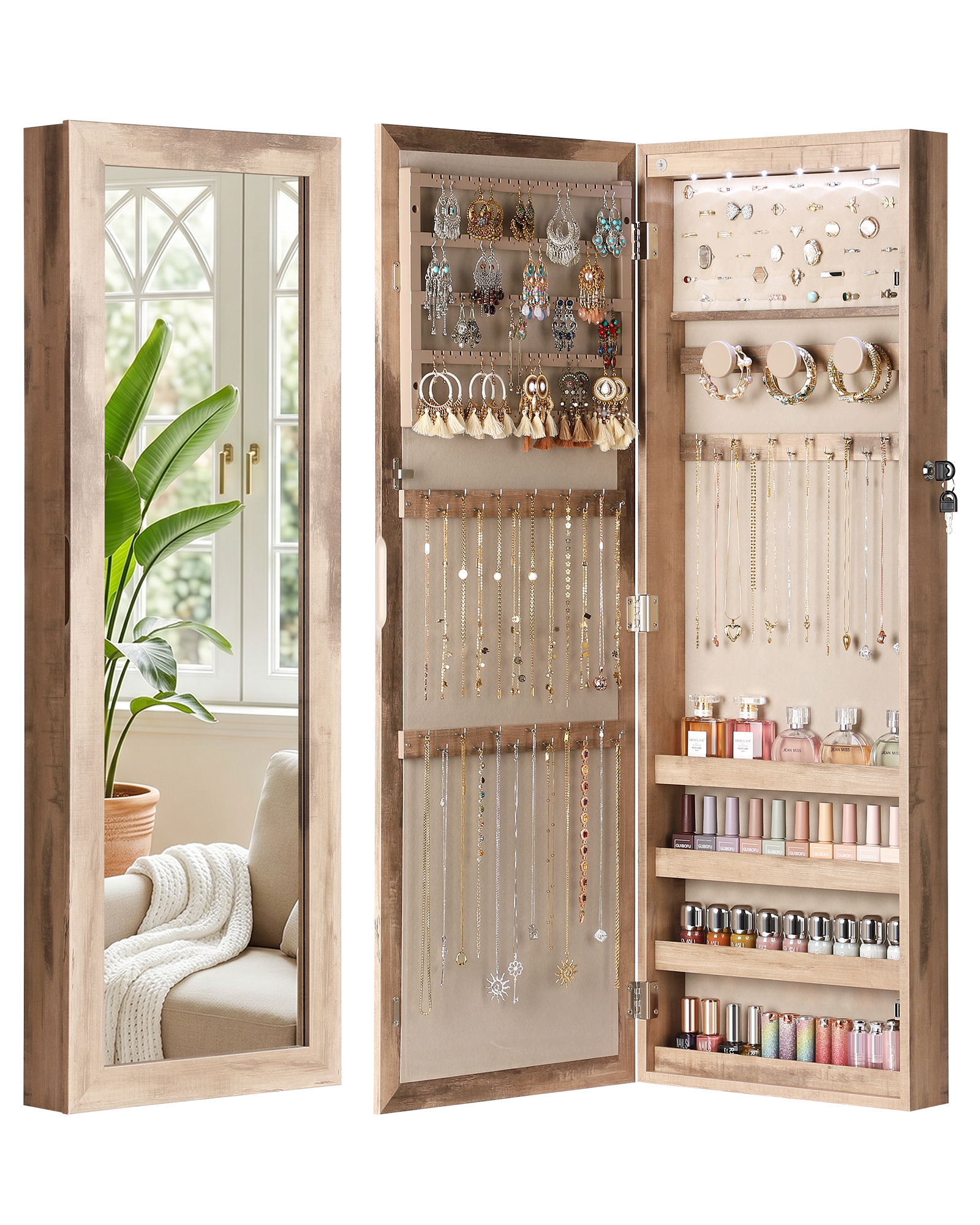 Skyhill Mirror Jewelry Cabinet, 40in Jewelry Armoire Organizer, Door or Wall Mounted, 6 LED Lights（Oak）