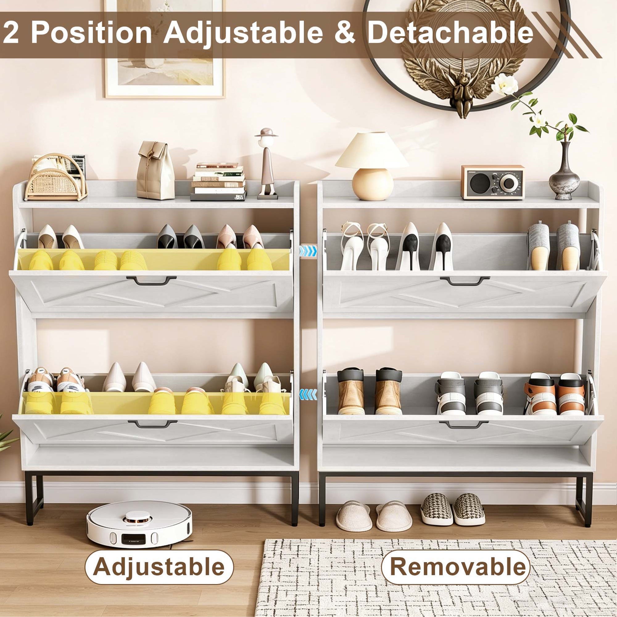 Skyhill Shoe Cabinet with 2 Flip Drawers,Farmhouse Shoe Organizer for Entryway,White