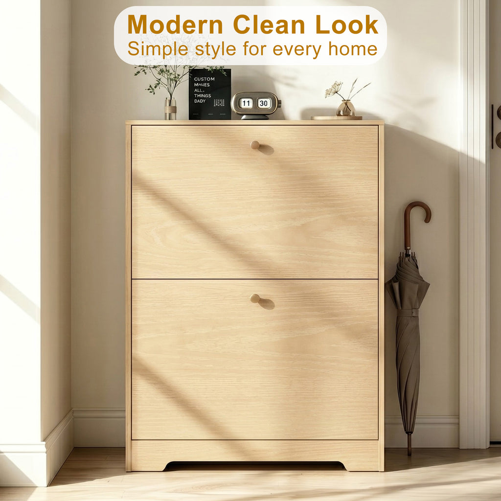 Skyhill Shoe Cabinet with 2 Flip Drawers,Modern Shoe Organizer for Entryway,Wood color