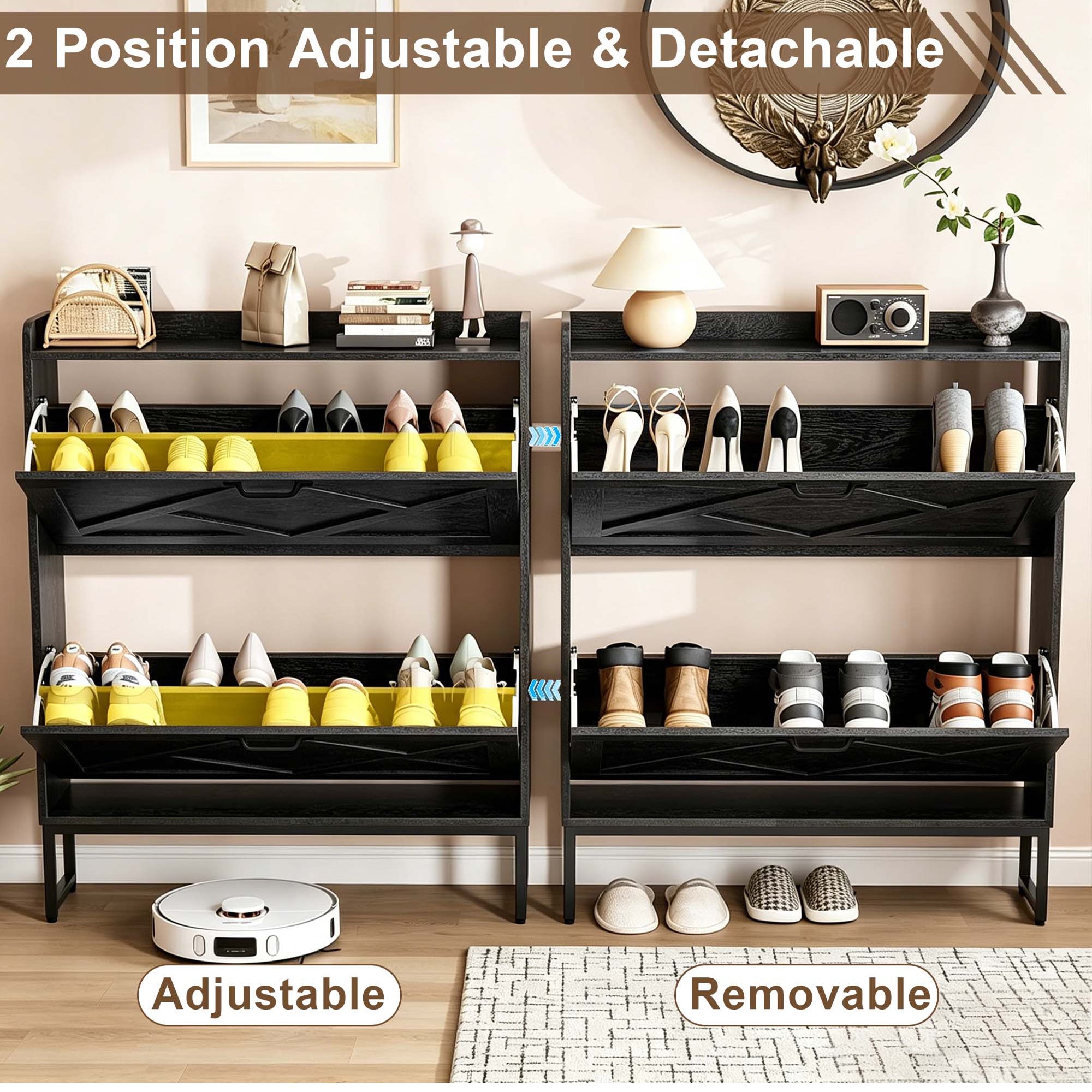 Skyhill Shoe Cabinet with 2 Flip Drawers,Farmhouse Shoe Organizer for Entryway,Black