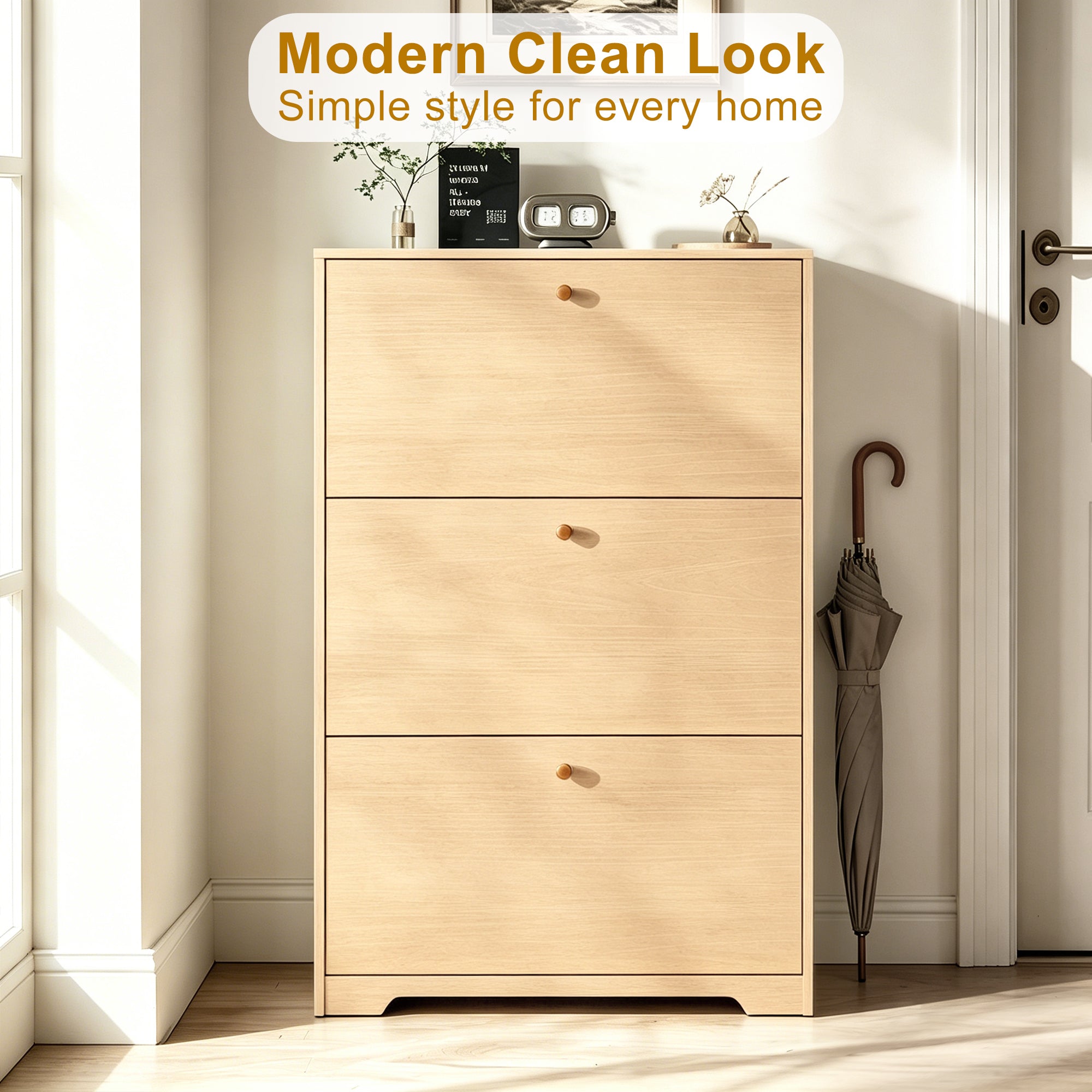 Skyhill Shoe Cabinet with 3 Flip Drawers,Modern Shoe Organizer for Entryway,Wood color