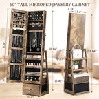 Skyhill 360°Swivel Jewelry Armoire, 60" Full Length Mirror Cabinet with 3 Rear Shelves, Bottom Drawer, Brown