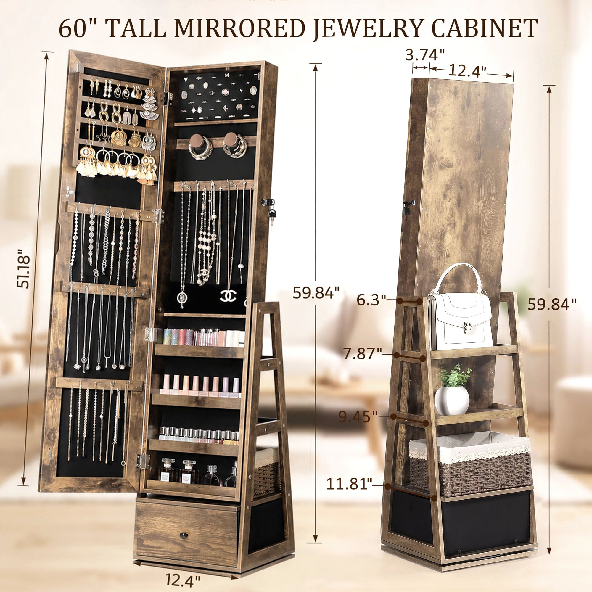 Skyhill 360°Swivel Jewelry Armoire, 60" Full Length Mirror Cabinet with 3 Rear Shelves, Bottom Drawer, Brown