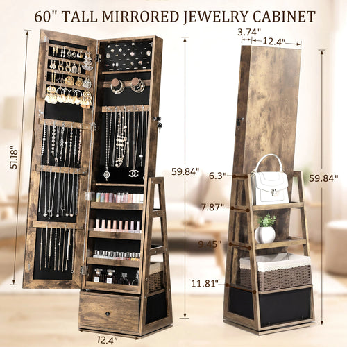 Skyhill 360°Swivel Jewelry Armoire, 60" Full Length Mirror Cabinet with 3 Rear Shelves, Bottom Drawer, Brown