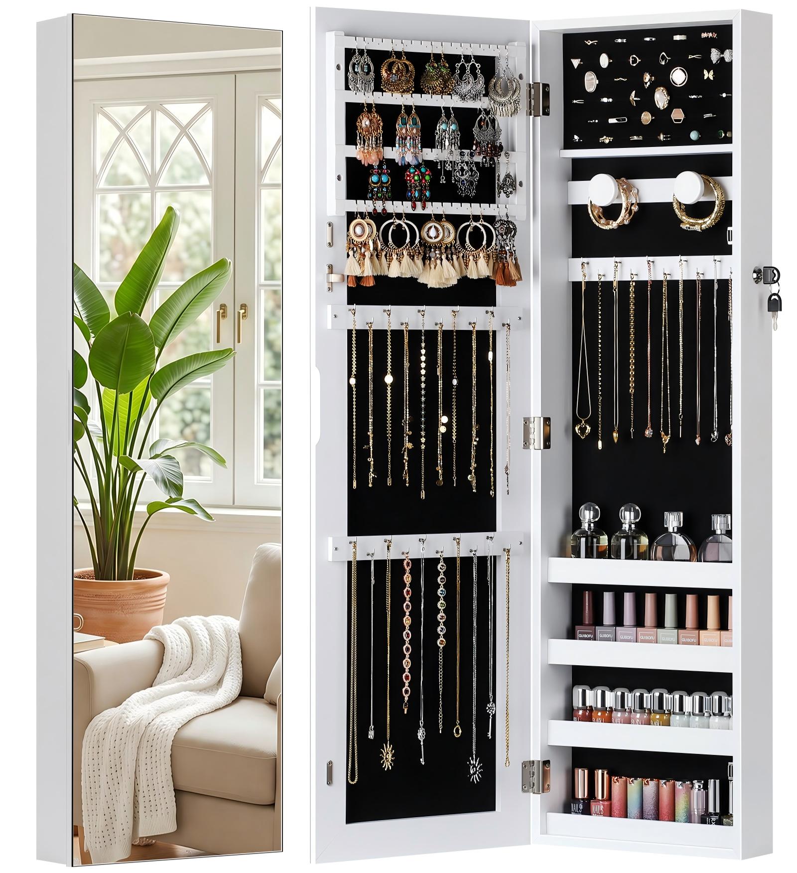 Skyhill Jewelry Cabinet,40in Jewelry Armoire Organizer,Mirror without borders,Door or Wall Mounted（White）