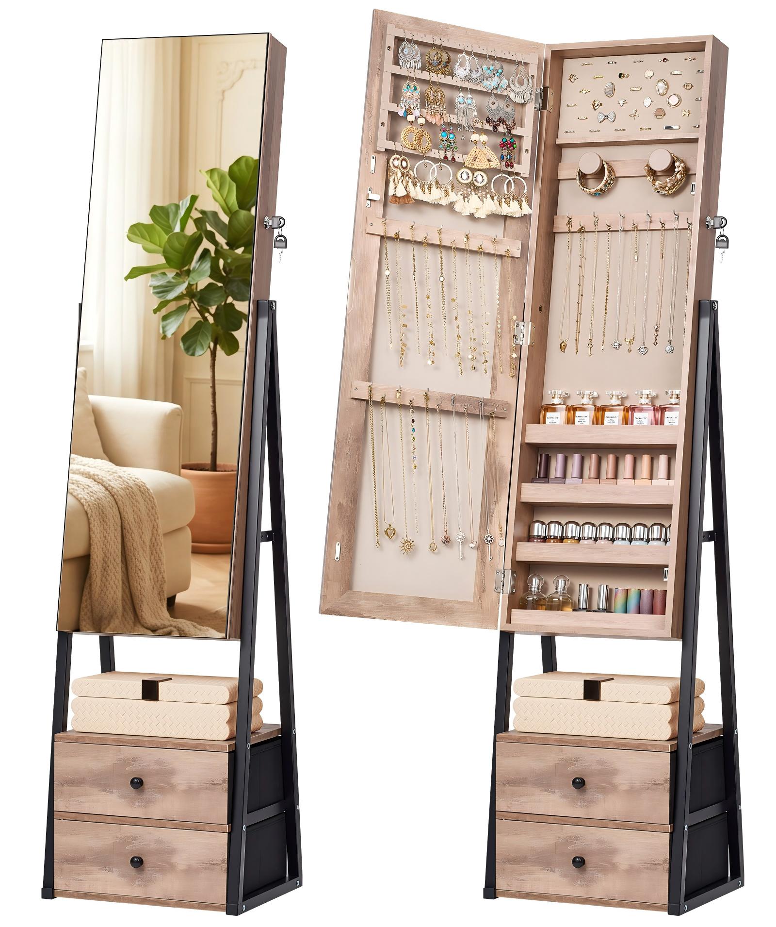 Skyhill Jewelry Cabinet Armoire, Full-Length Mirror Lockable with with 2 Drawers and Shelf（Oak）