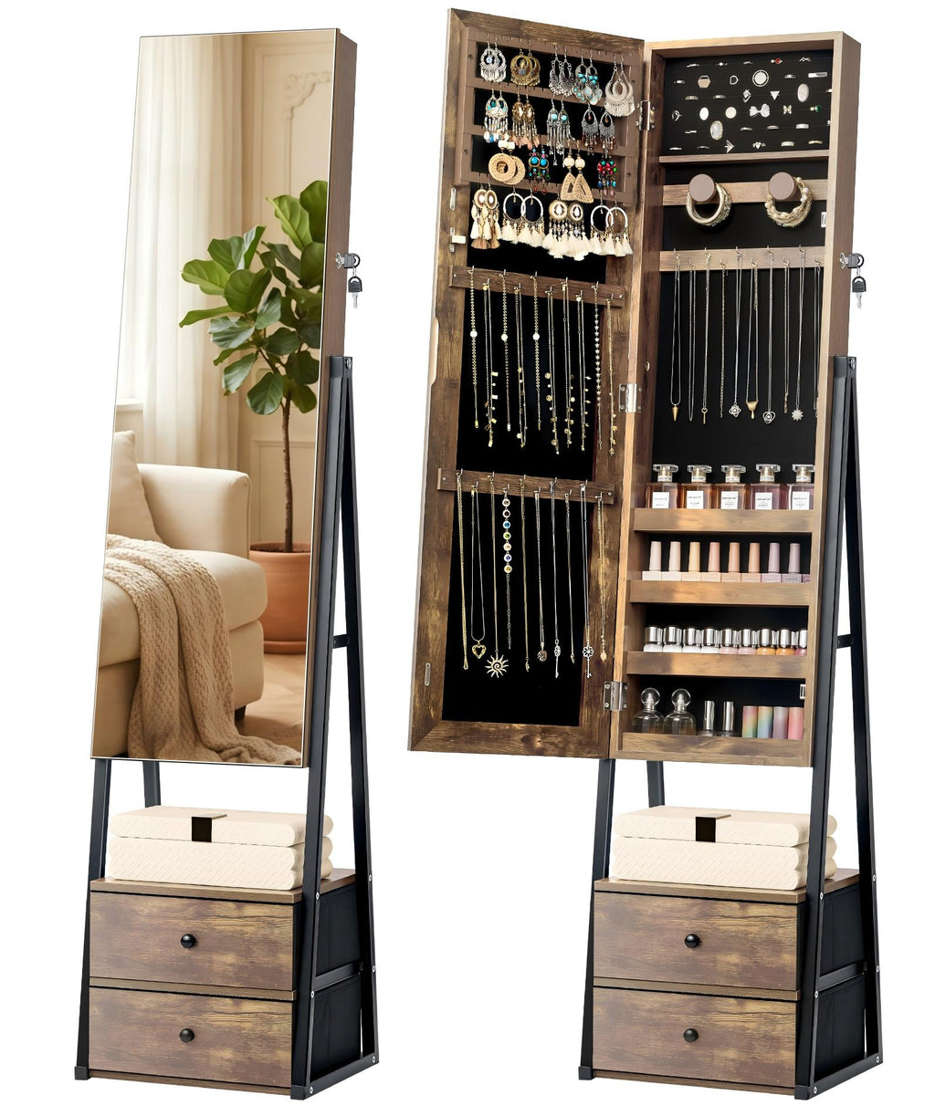 Skyhill Jewelry Cabinet Armoire, Full-Length Mirror Lockable with with 2 Drawers and Shelf（Brown）