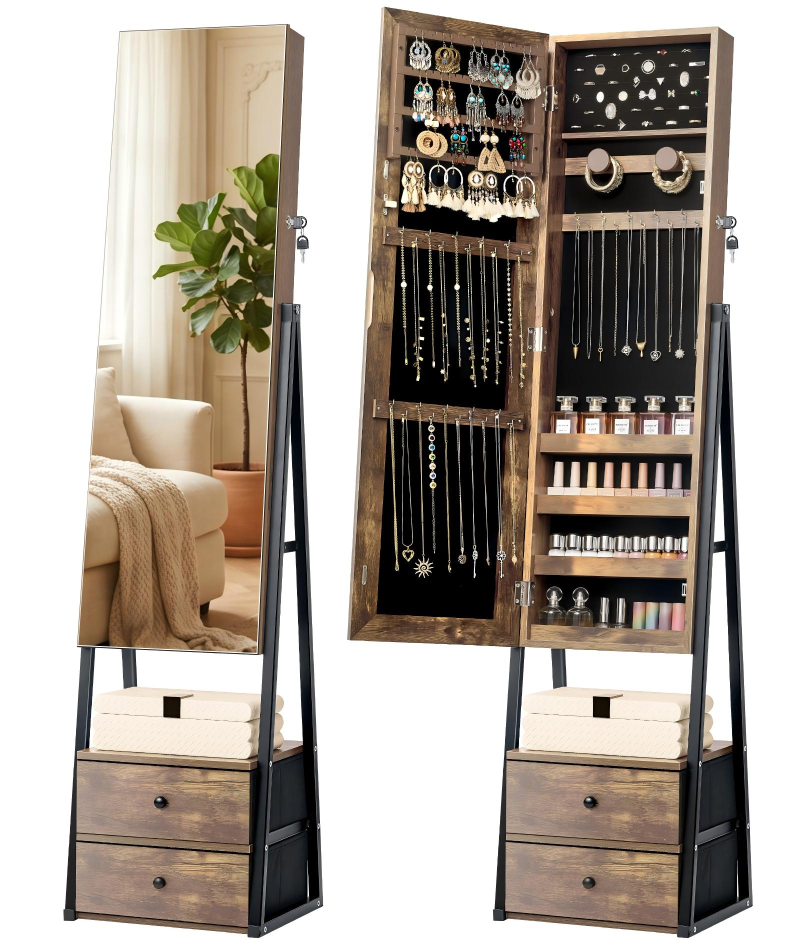 Skyhill Jewelry Cabinet Armoire, Full-Length Mirror Lockable with with 2 Drawers and Shelf（Brown）
