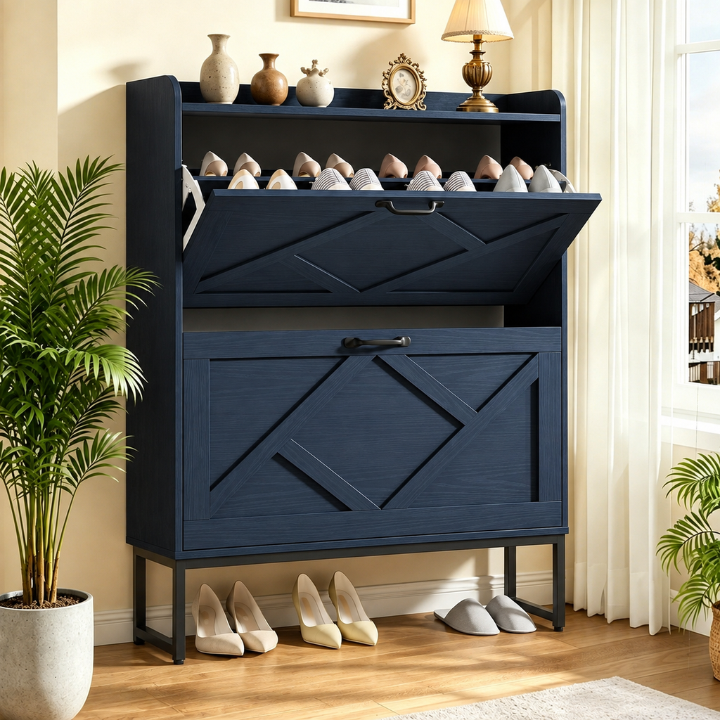 Skyhill Shoe Cabinet with 2 Flip Drawers,Farmhouse Shoe Organizer for Entryway,Blue