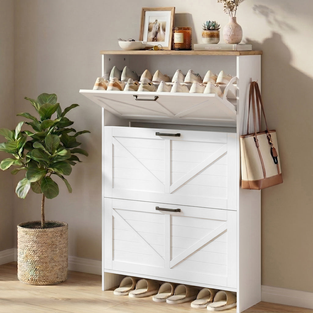 Skyhill Shoe Cabinet with 3 Flip Drawers, Farmhouse Shoe Storage Cabinet Organizer for Entryway, White