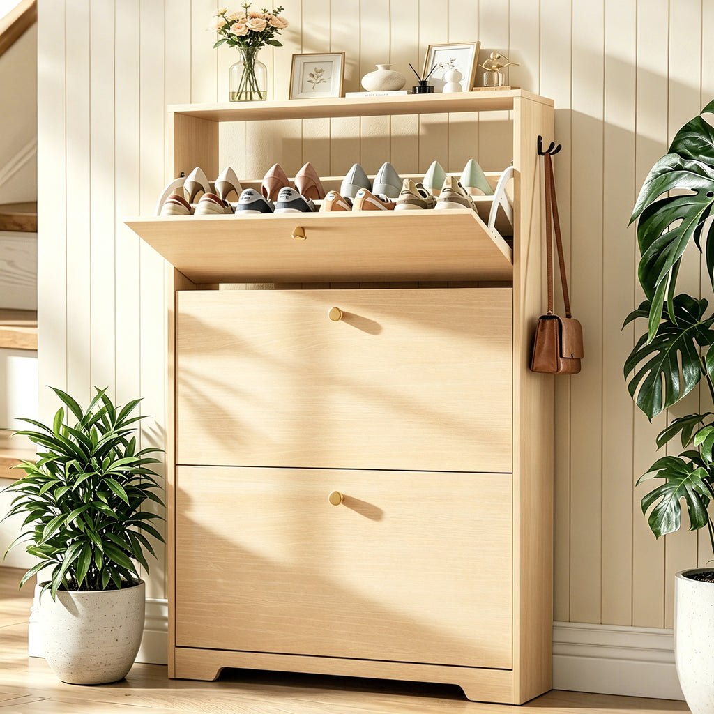 Skyhill Shoe Cabinet with 3 Flip Drawers,Modern Shoe Organizer for Entryway,Wood color