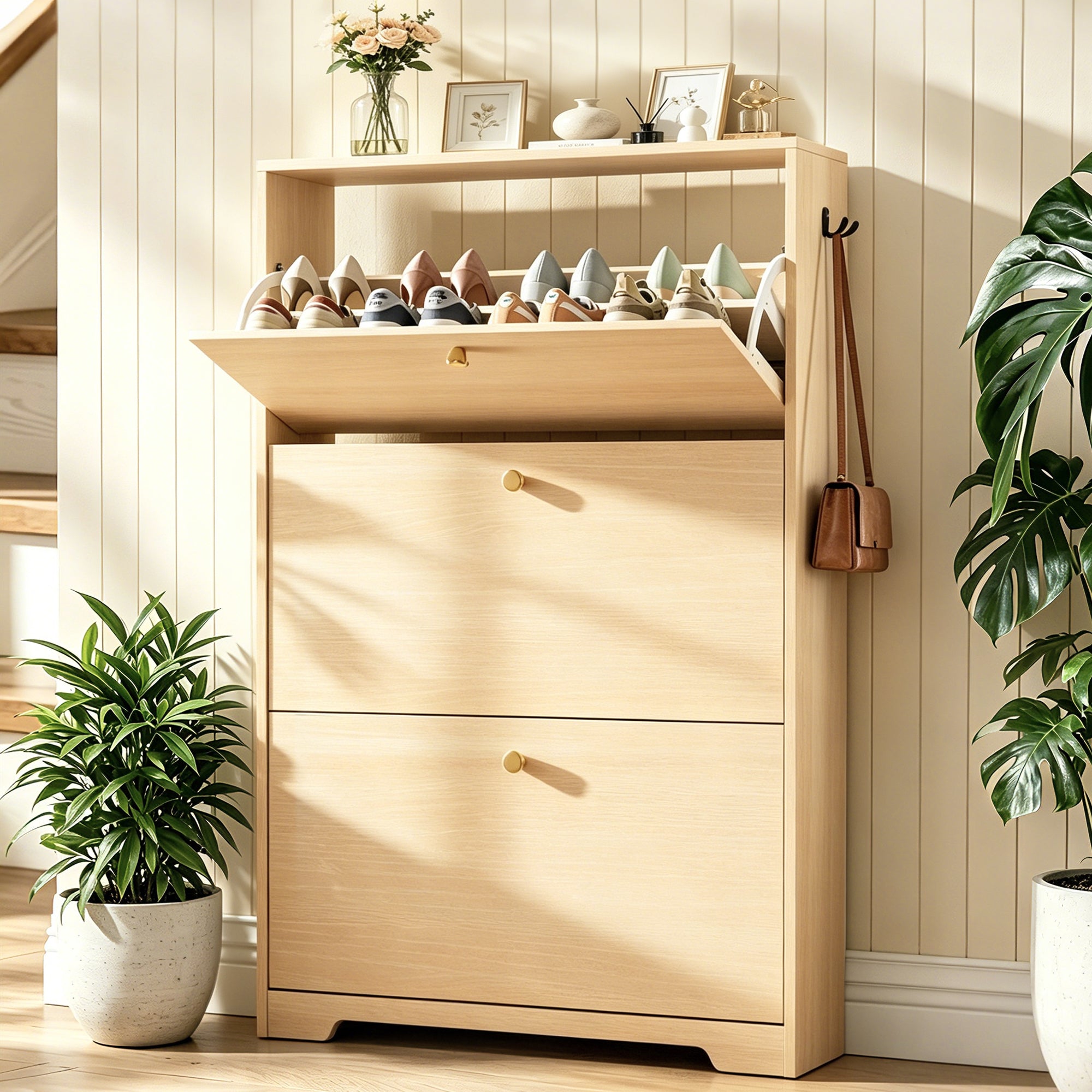 Skyhill Shoe Cabinet with 3 Flip Drawers,Modern Shoe Organizer for Entryway,Wood color