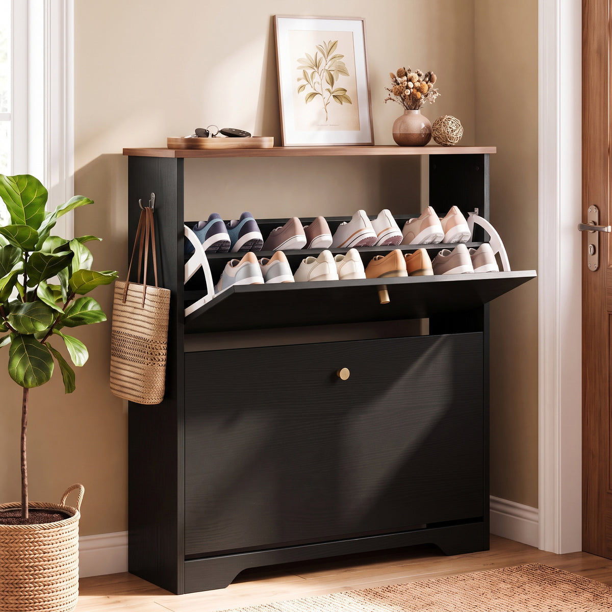 Skyhill Shoe Cabinet with 2 Flip Drawers,Freestanding Shoe Storage Organizer,White & Walnut 2-Tone Narrow Shoe Rack for Entryway,Black