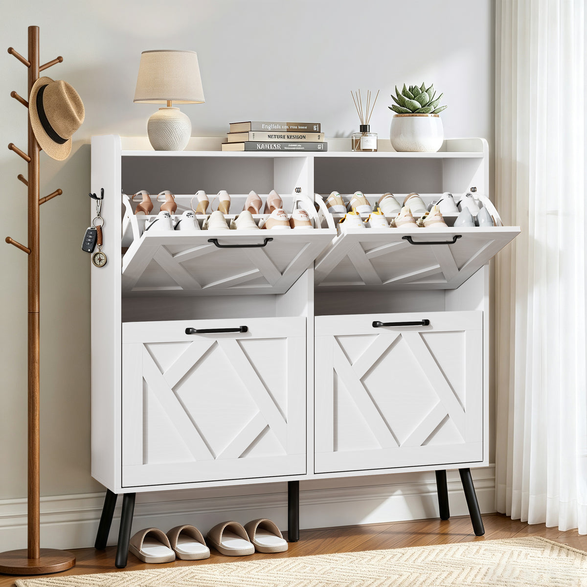 Skyhill Shoe Cabinet with 4 Flip Drawers,Farmhouse Shoe Storage Organizer for Entryway,White