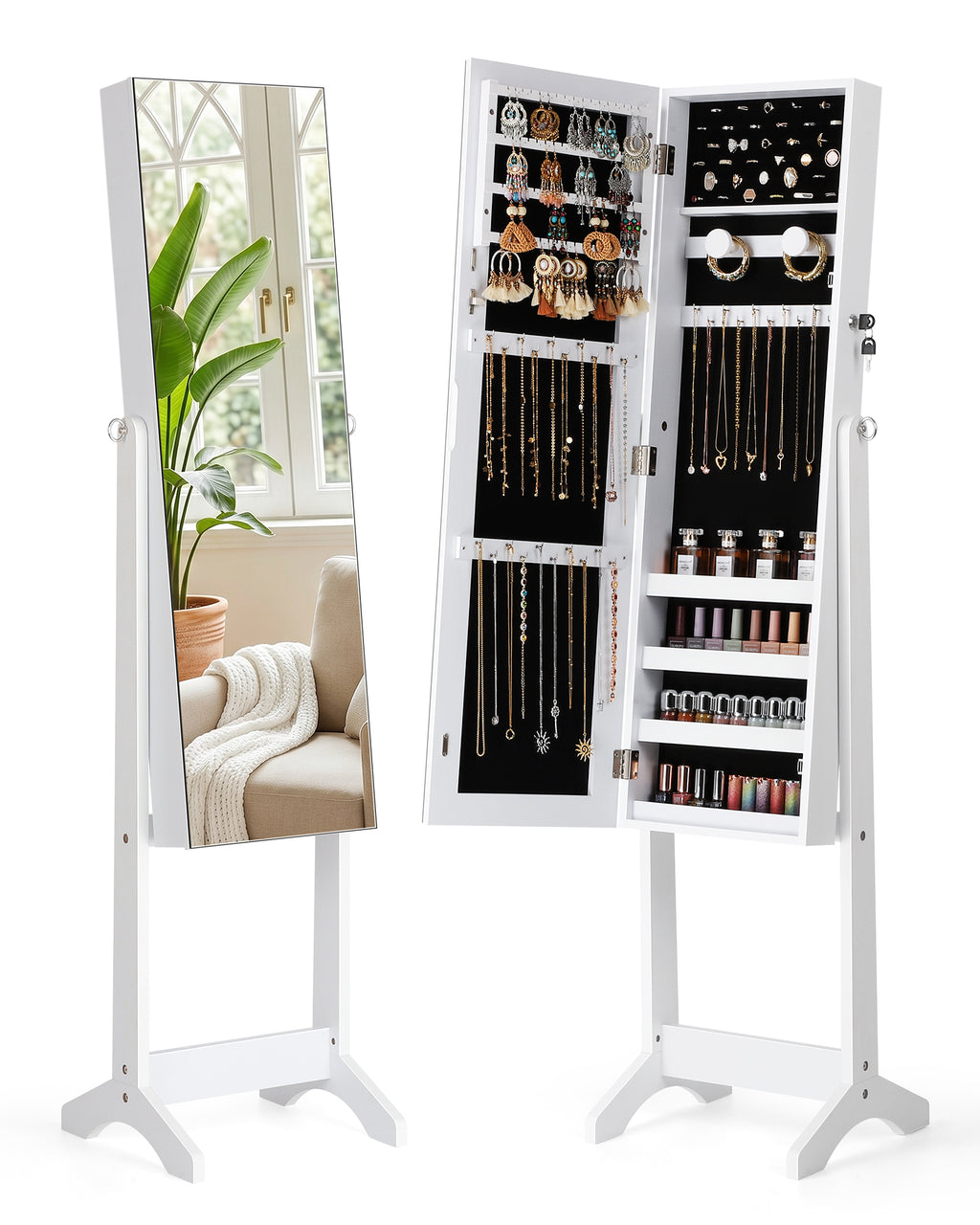 Skyhill Jewelry Armoire, Freestanding Full-Length Mirror Jewelry Cabinet, Jewelry Armoire Cabinet with Makeup Storage