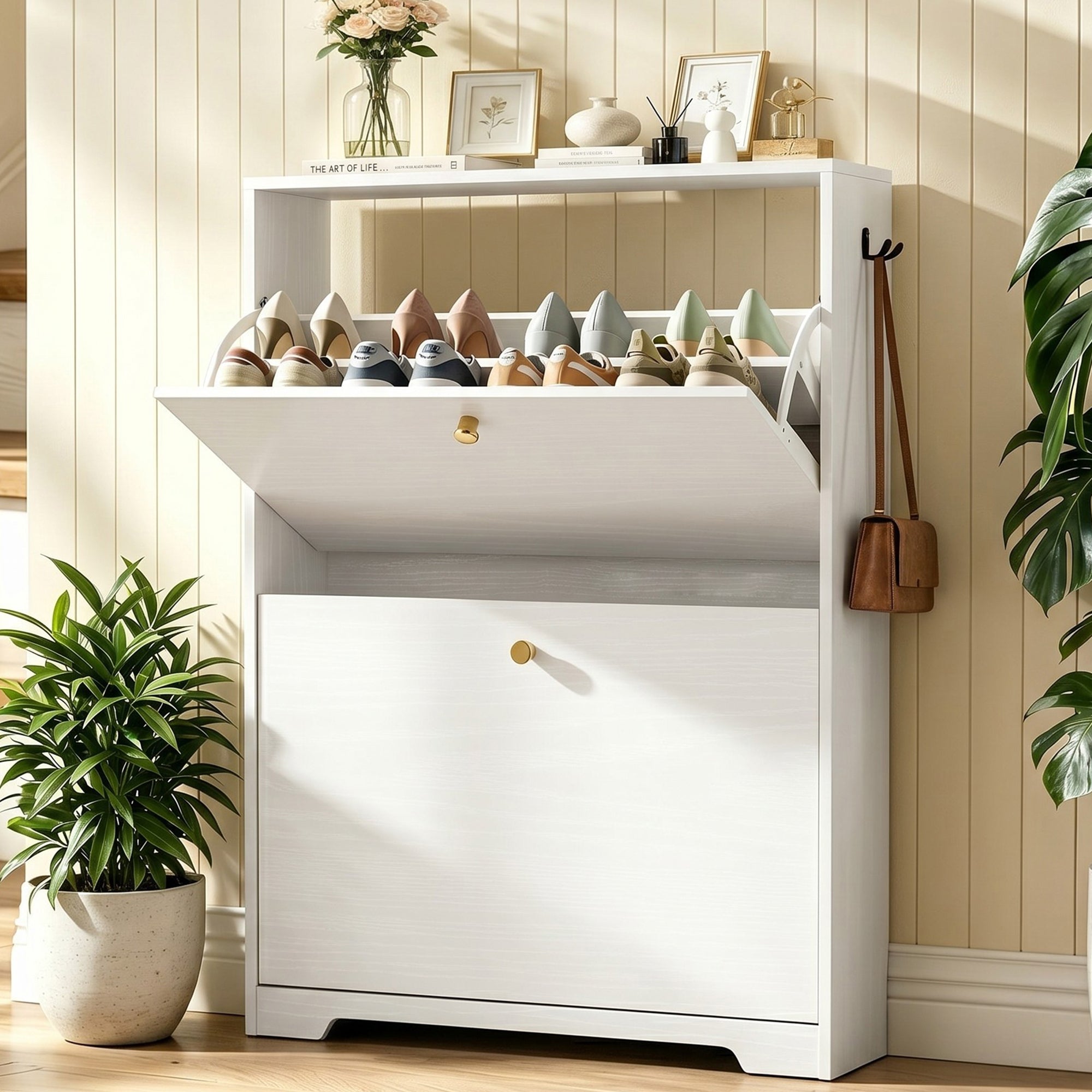 Skyhill Shoe Cabinet with 2 Flip Drawers,Modern Shoe Organizer for Entryway,White