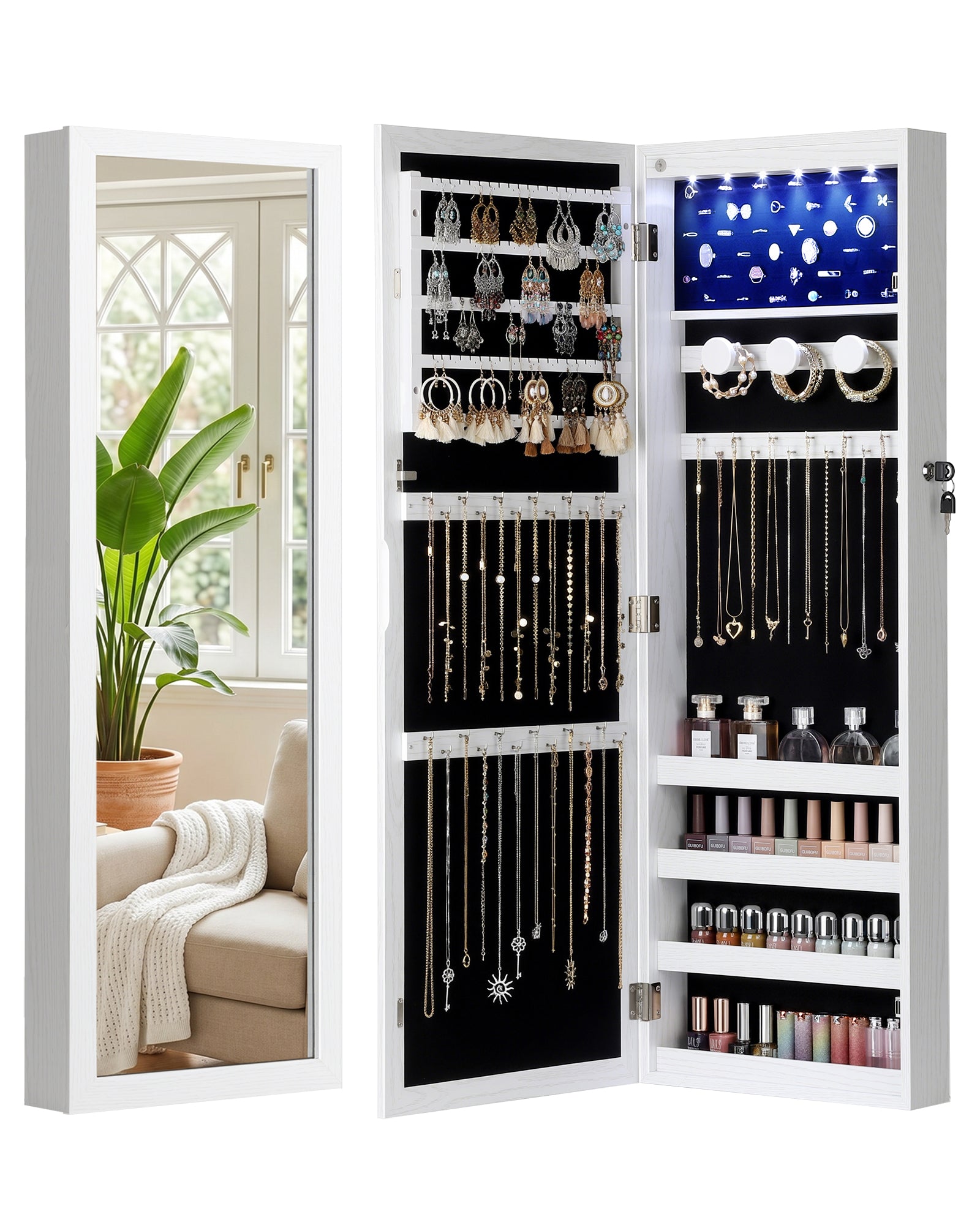 Skyhill Mirror Jewelry Cabinet，Jewelry Armoire Organizer with Makeup Storage，Door or Wall Mounted， 6 LED Lights（White）