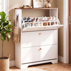 Skyhill Shoe Cabinet with 3 Flip Drawers,Freestanding Shoe Storage Organizer,White & Walnut 2-Tone Narrow Shoe Rack for Entryway,White
