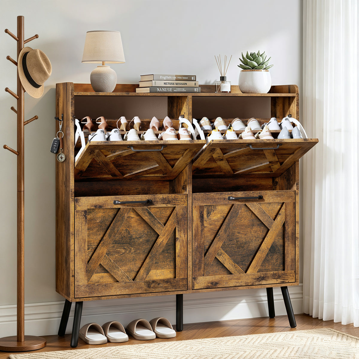 Skyhill Shoe Cabinet with 4 Flip Drawers,Farmhouse Shoe Storage Organizer for Entryway,Brown