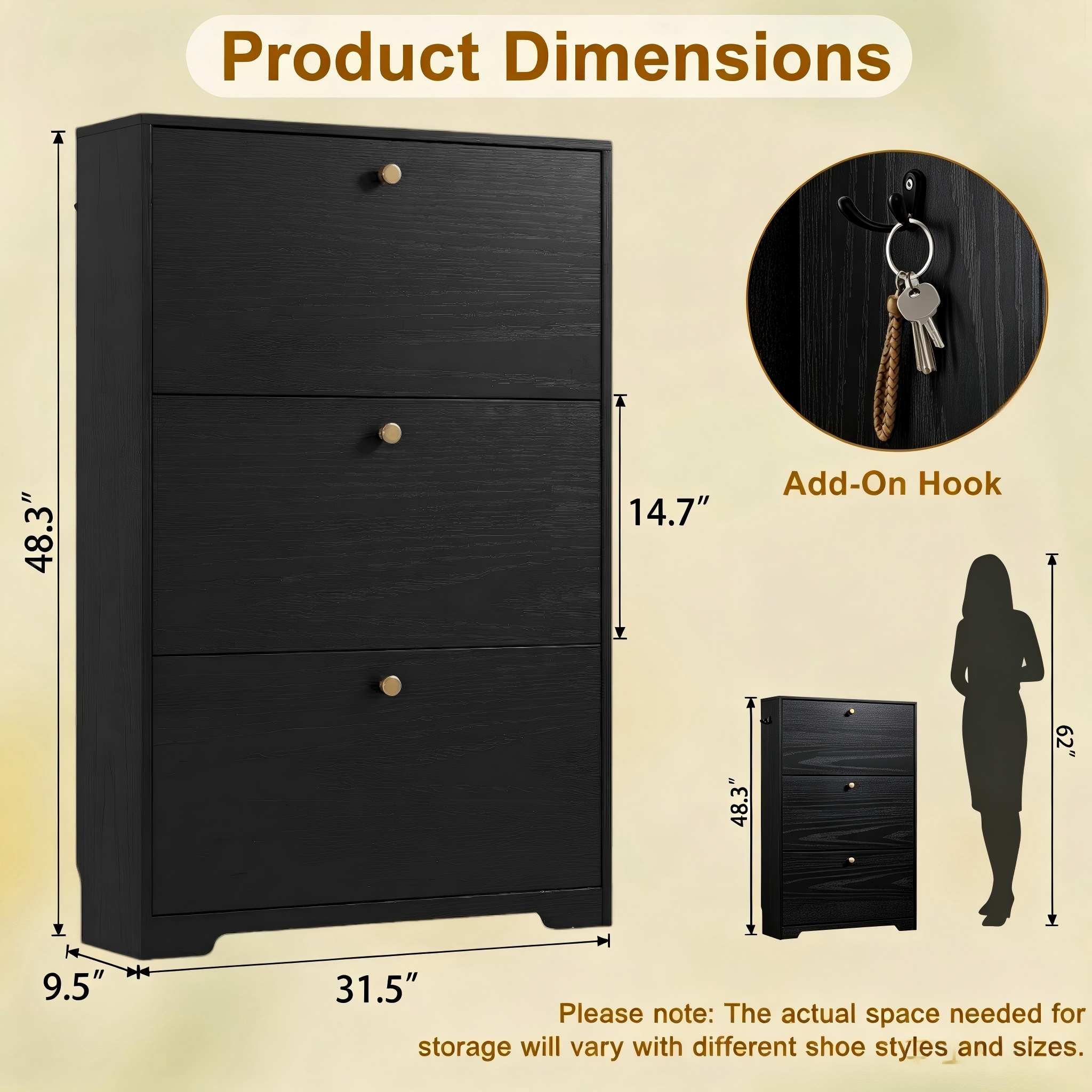 Skyhill Shoe Cabinet with 3 Flip Drawers,Modern Shoe Organizer for Entryway,Black