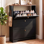 Skyhill Shoe Cabinet with 3 Flip Drawers,Freestanding Shoe Storage Organizer,White & Walnut 2-Tone Narrow Shoe Rack for Entryway,Black