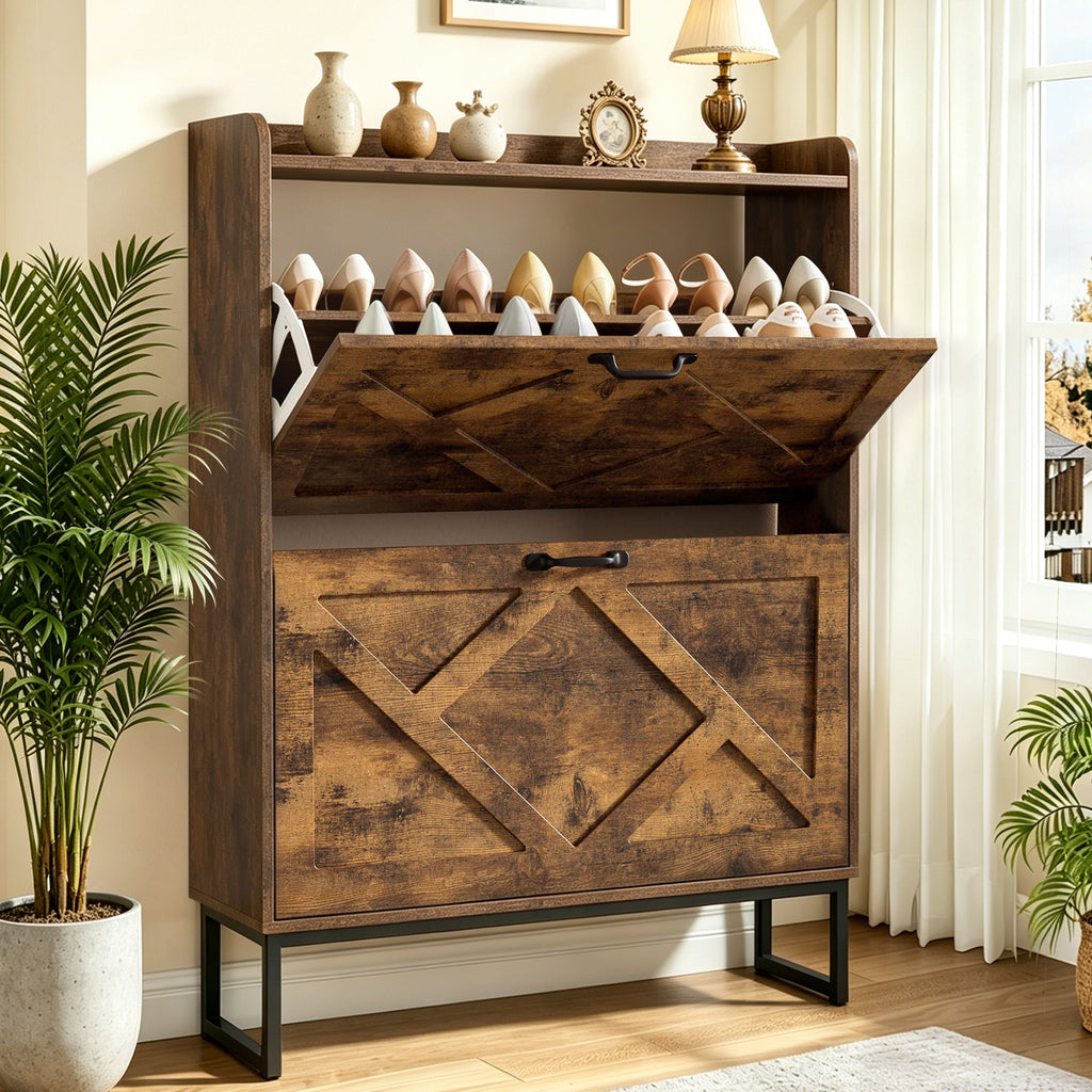 Skyhill Shoe Cabinet with 2 Flip Drawers,Farmhouse Shoe Organizer for Entryway