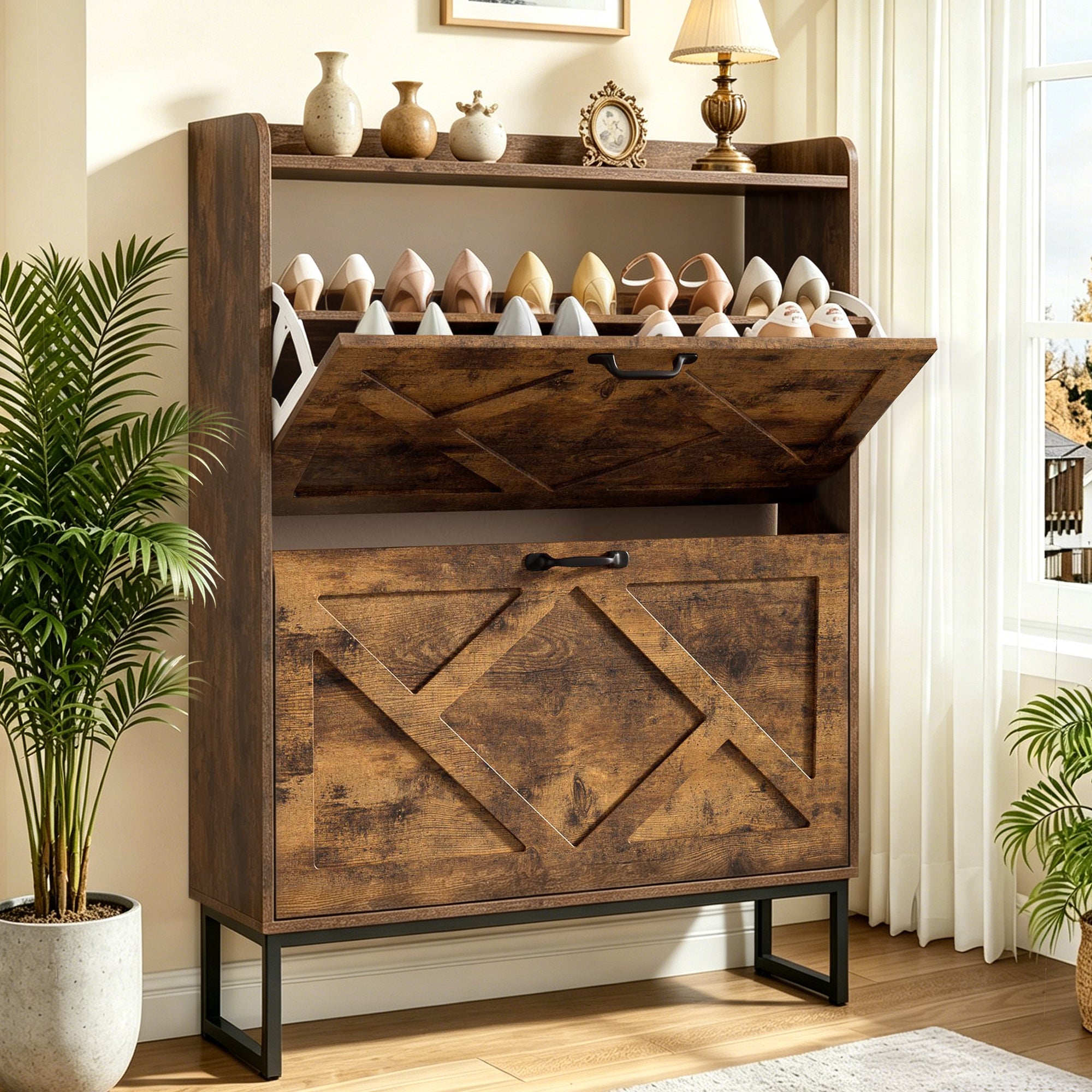 Skyhill Shoe Cabinet with 2 Flip Drawers,Farmhouse Shoe Organizer for Entryway