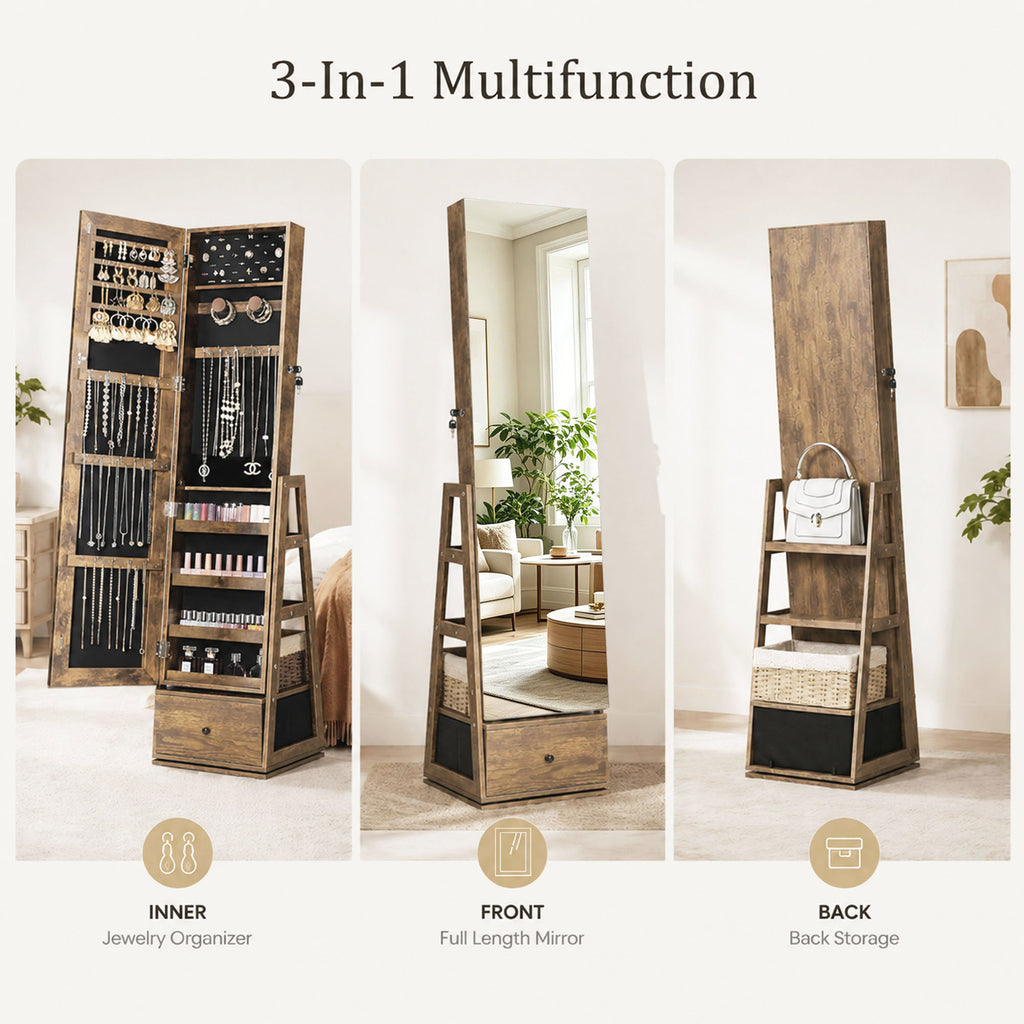 Skyhill 360°Swivel Jewelry Armoire, 60" Full Length Mirror Cabinet with 3 Rear Shelves, Bottom Drawer, Brown