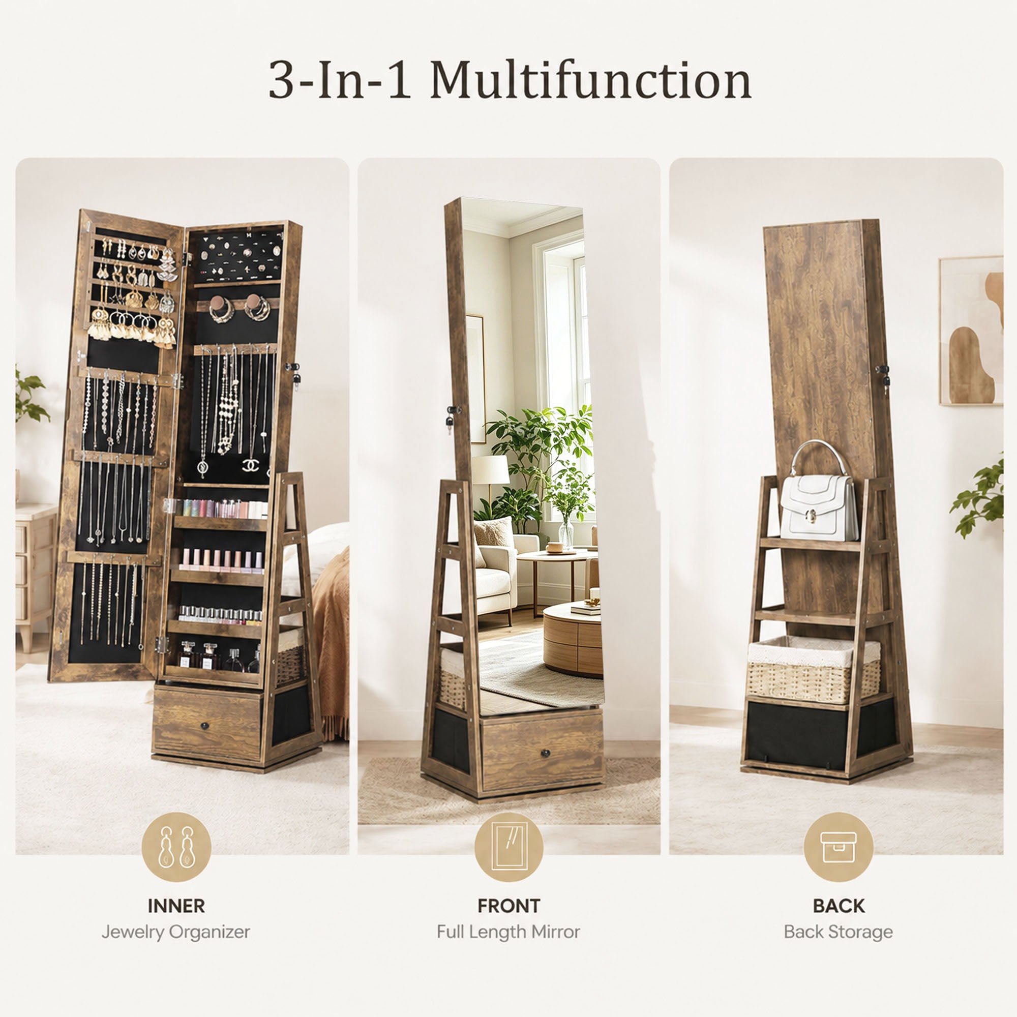 Skyhill 360°Swivel Jewelry Armoire, 60" Full Length Mirror Cabinet with 3 Rear Shelves, Bottom Drawer, Brown