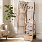 Skyhill 360°Swivel Jewelry Armoire, 60" Full Length Mirror Cabinet with 3 Rear Shelves, Bottom Drawer, Oak