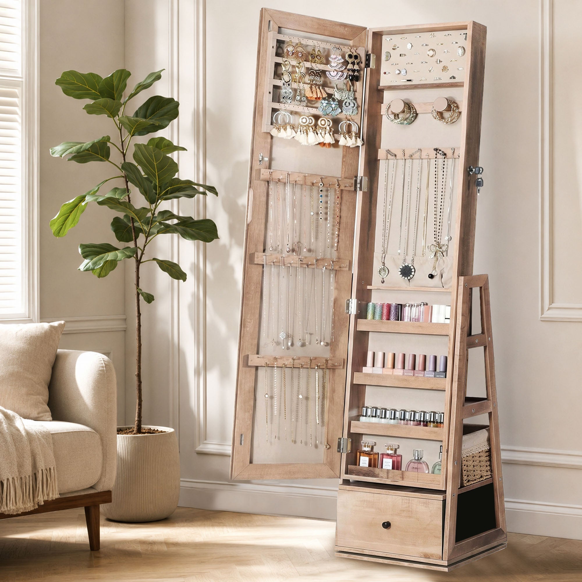 Skyhill 360°Swivel Jewelry Armoire, 60" Full Length Mirror Cabinet with 3 Rear Shelves, Bottom Drawer, Oak