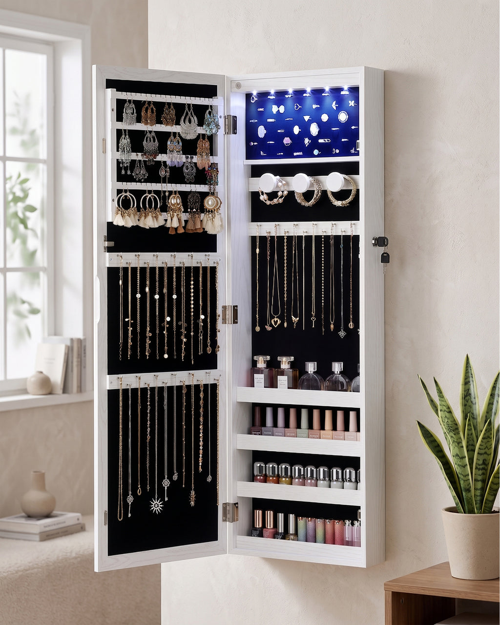 Skyhill Mirror Jewelry Cabinet，Jewelry Armoire Organizer with Makeup Storage，Door or Wall Mounted， 6 LED Lights（White）
