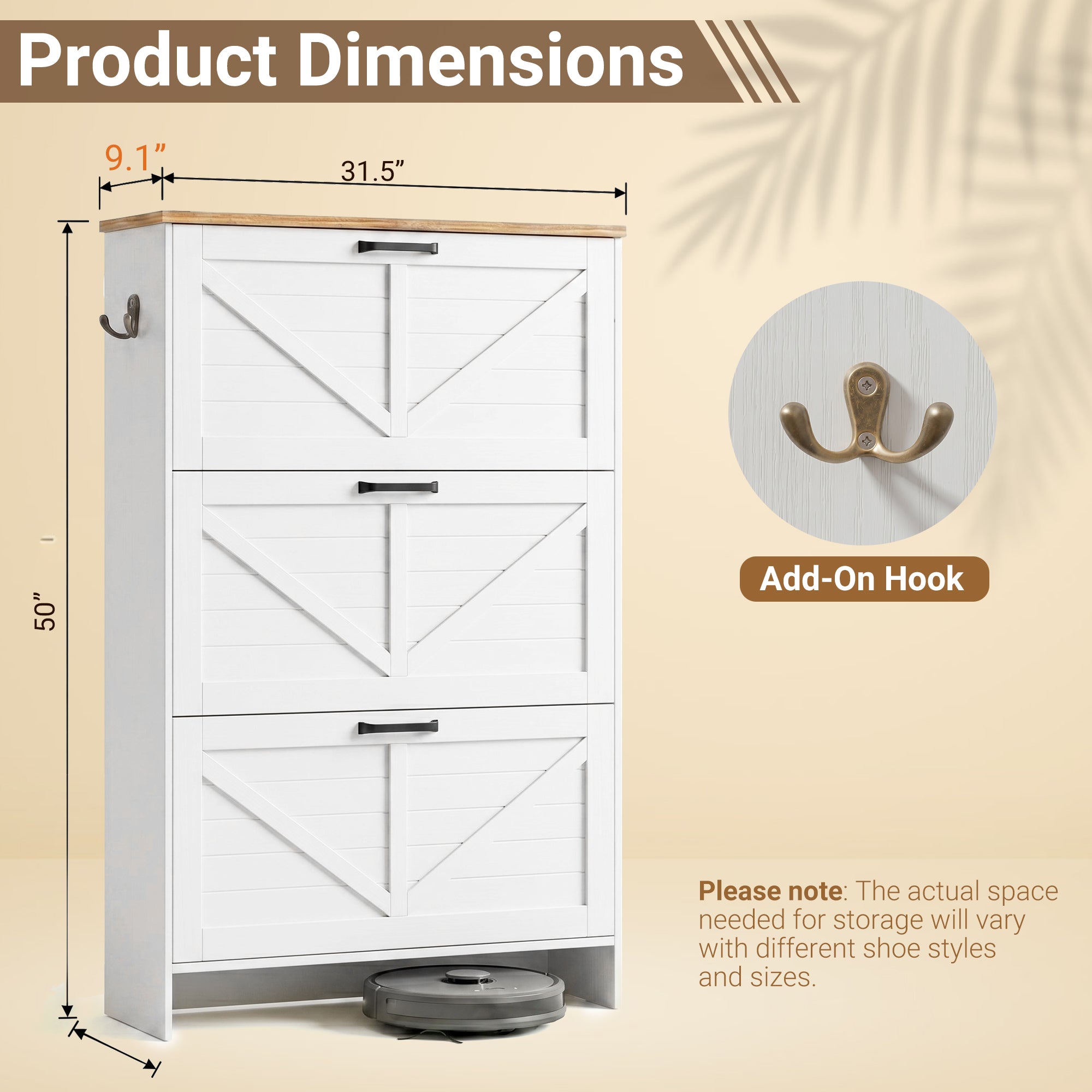 Skyhill Shoe Cabinet with 3 Flip Drawers, Farmhouse Shoe Storage Cabinet Organizer for Entryway, White
