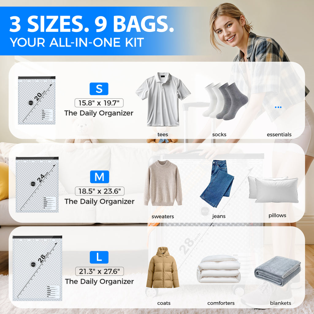 Skyhill Vacuum Storage Bags with Rechargeable air Pump, 3 Sizes Space Saver Bags for Clothes Comforters(9pcs)