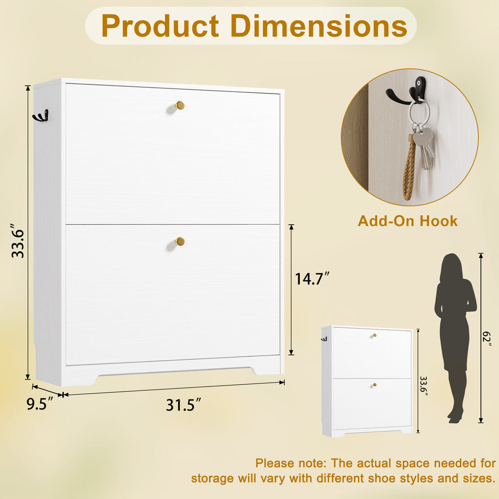 Skyhill Shoe Cabinet with 2 Flip Drawers,Modern Shoe Organizer for Entryway,White