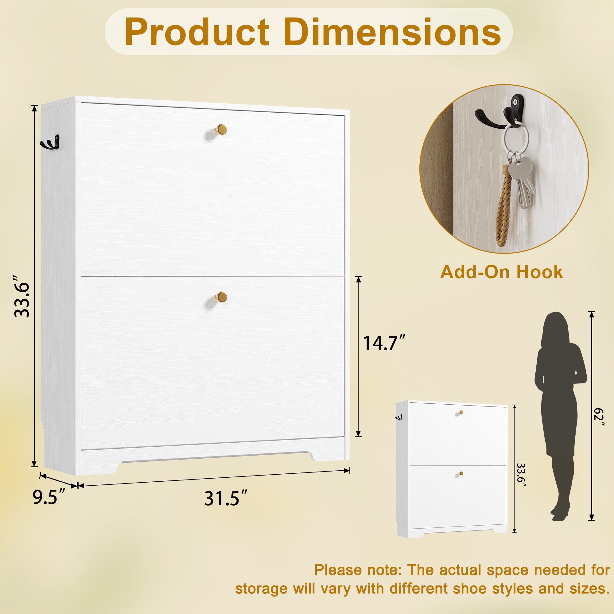 Skyhill Shoe Cabinet with 2 Flip Drawers,Modern Shoe Organizer for Entryway,White