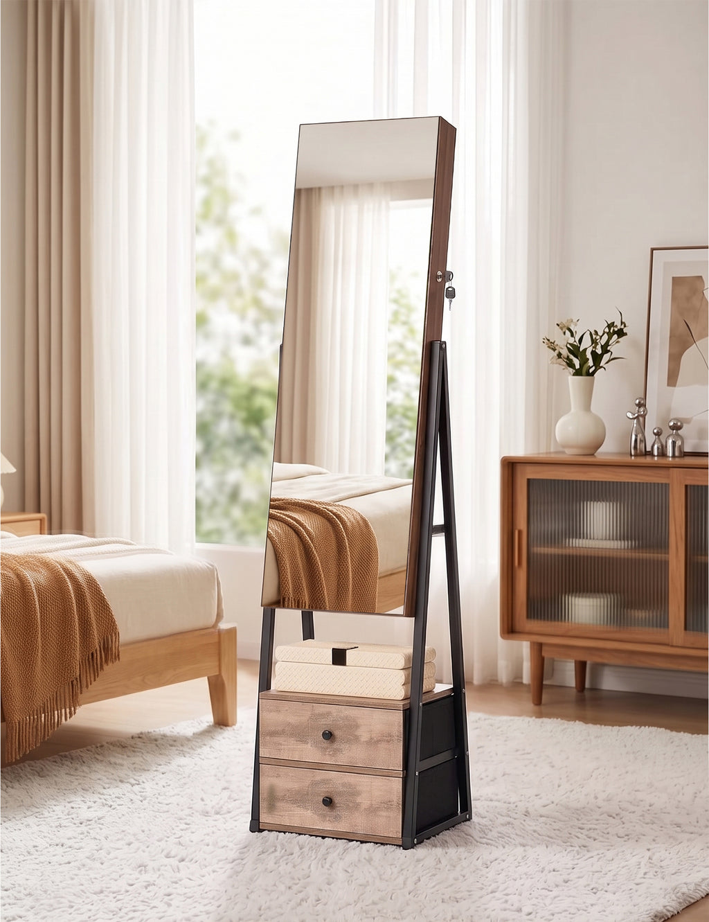 Skyhill Jewelry Cabinet Armoire, Full-Length Mirror Lockable with with 2 Drawers and Shelf（Oak）