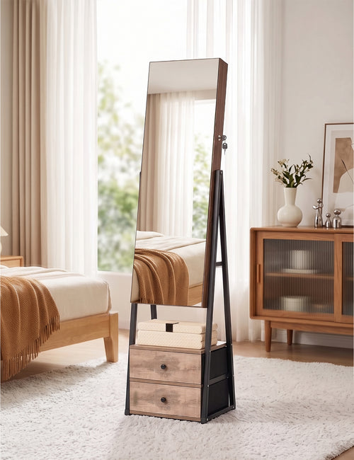 Skyhill Jewelry Cabinet Armoire, Full-Length Mirror Lockable with with 2 Drawers and Shelf（Oak）