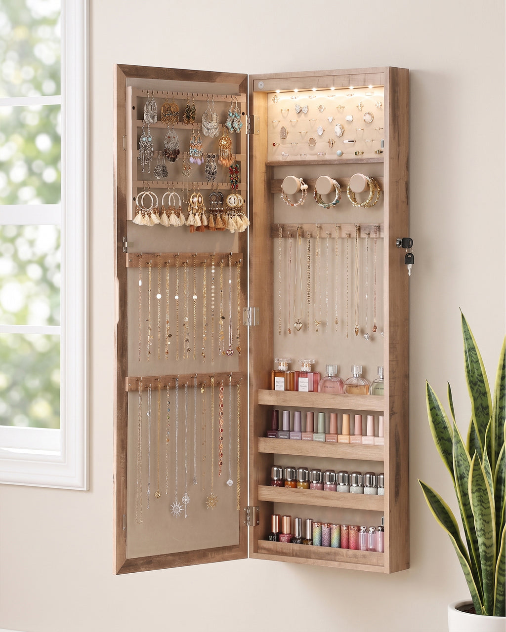 Skyhill Mirror Jewelry Cabinet, 40in Jewelry Armoire Organizer, Door or Wall Mounted, 6 LED Lights（Oak）